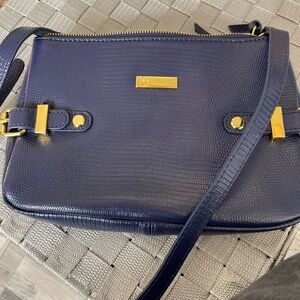Joy Mangano City Collection Crossbody Leather Crocodile Blue Crossbody W/RFID